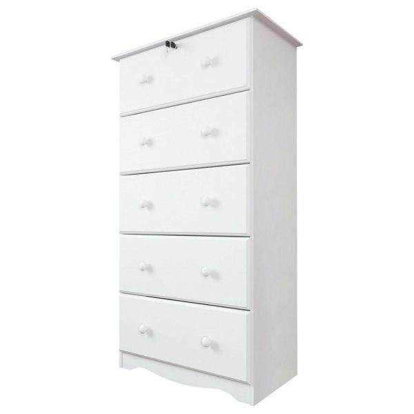 Dressers And Chests |   100% Solid Wood 5-Super Jumbo Drawer Chest With Lock, White Bedroom Dressers And Chests