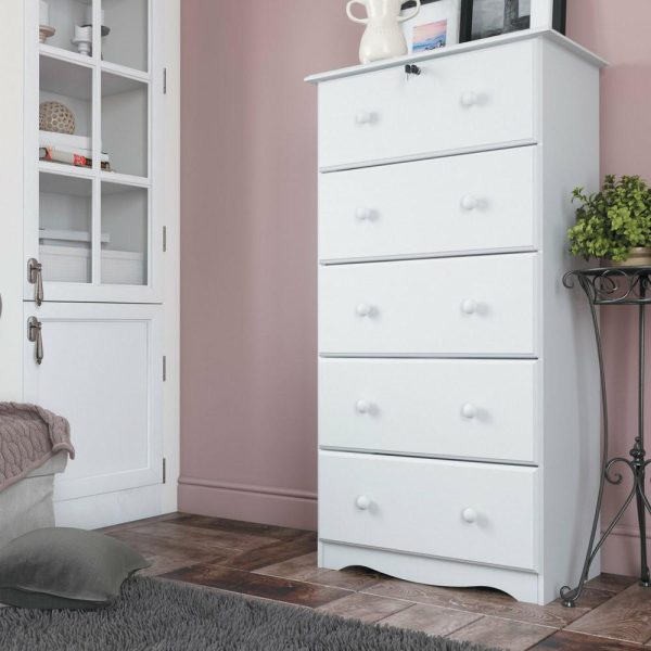 Dressers And Chests |   100% Solid Wood 5-Super Jumbo Drawer Chest With Lock, White Bedroom Dressers And Chests