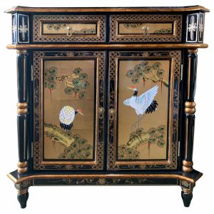 Accent Chests & Cabinets |   Empire Style Oriental Cabinet, Black Lacquer With Gold Leaf Handpainted, 32″ Accent Chests & Cabinets Accent Chests & Cabinets