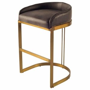 Bar Stools & Counter Stools |   Mercana Hollyfield Bar Stool, Black Leather Seat, Gold Metal Base Bar Stools & Counter Stools Bar Stools & Counter Stools