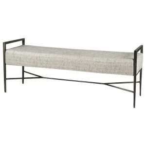 Bedroom Benches |   Charlotte Gray Herringbone Fabric Seat W/ Antique Nickel Metal Frame Bench Bedroom Bedroom Benches