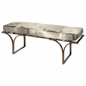 Bedroom Benches |   Jessie Brown Genuine Leather Seat W/ Black Metal Base Bench, Gray, Brass Bedroom Bedroom Benches