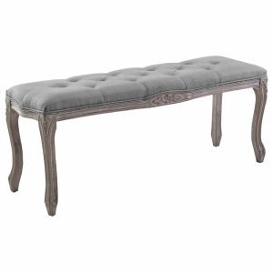 Bedroom Benches |   Regal Vintage French Upholstered Fabric Bench, Light Gray Bedroom Bedroom Benches