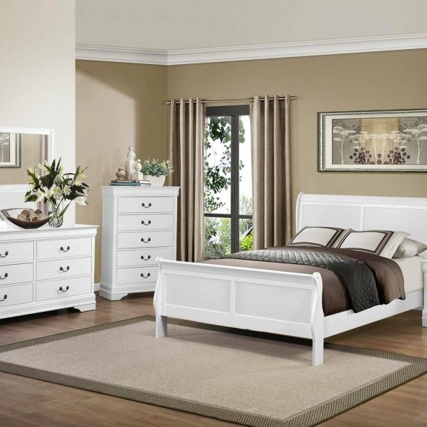 Bedroom Sets |   6-Piece Modern Cal King Sleigh Bed, Dresser, Mirror, 2 Nightstand, Chest White Bedroom Bedroom Sets