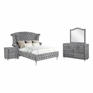 Bedroom Sets |   Coaster Deanna 4-Piece Velvet Eastern King Wingback Bedroom Set In Gray Bedroom Bedroom Sets