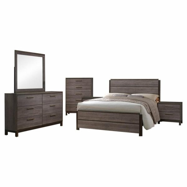 Bedroom Sets |   Dansville 6 Piece Bedroom Set, King, Antique Gray Wood, Modern Bedroom Bedroom Sets