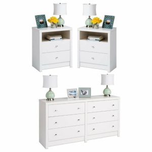 Bedroom Sets |   Home Square 3-Piece Set With 2 Nightstands & 6-Drawer Dresser In White Laminate Bedroom Bedroom Sets