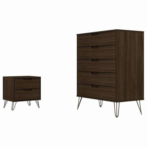 Bedroom Sets |   Manhattan Comfort Rockefeller Wood 5-Drawer Dresser & Nightstand In Brown Bedroom Bedroom Sets