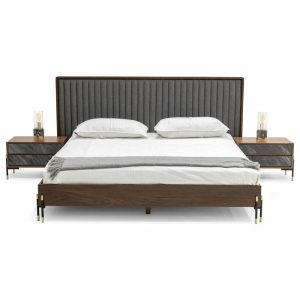 Bedroom Sets |   Metcalf Mid-Century Walnut And Gray Bed And 2 Nightstands, Queen Bedroom Bedroom Sets