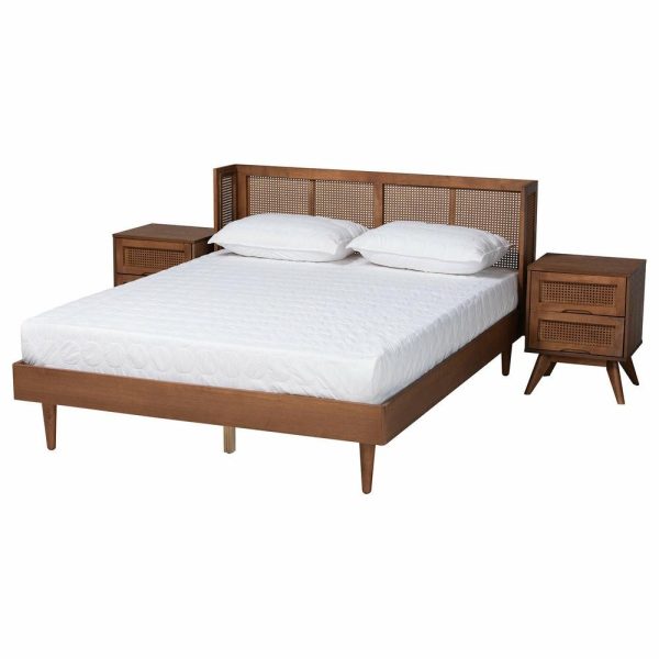 Bedroom Sets |   Rina Ash Walnut Finish Wood 3-Piece King Size Bedroom Set With Synthetic Rattan Bedroom Bedroom Sets