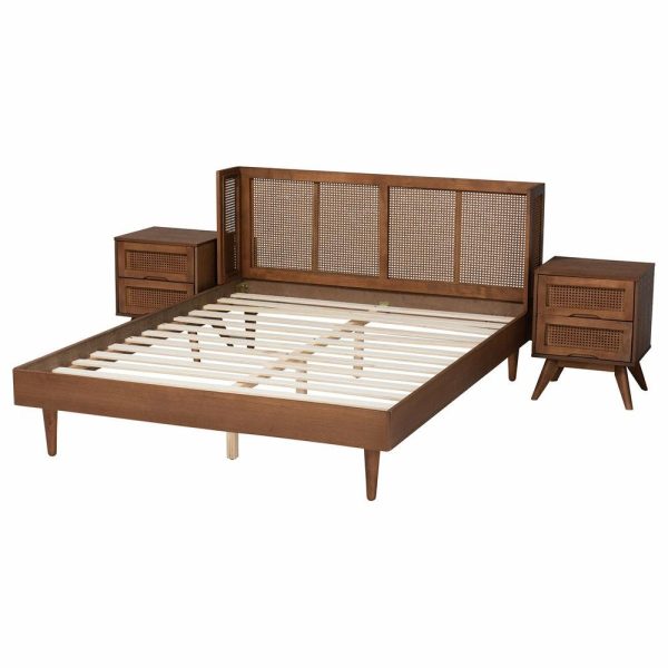 Bedroom Sets |   Rina Ash Walnut Finish Wood 3-Piece King Size Bedroom Set With Synthetic Rattan Bedroom Bedroom Sets