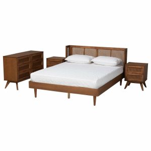 Bedroom Sets |   Rina Ash Walnut Finish Wood 4-Piece Full Size Bedroom Set With Synthetic Rattan Bedroom Bedroom Sets