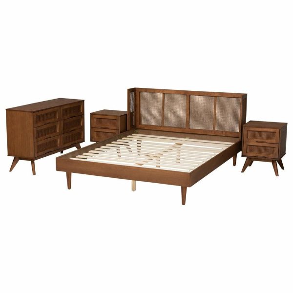 Bedroom Sets |   Rina Ash Walnut Finish Wood 4-Piece Queen Size Bedroom Set With Synthetic Rattan Bedroom Bedroom Sets