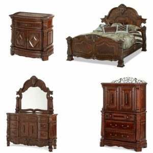 Bedroom Sets |   Windsor Court Mansion Bed Set, Vintage-Style Fruitwood, 5-Piece Set, Queen Bedroom Bedroom Sets