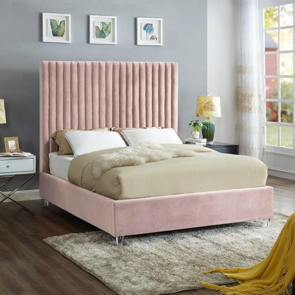 Beds |   Candace Velvet Upholstered Bed, Pink, Queen Bedroom Beds