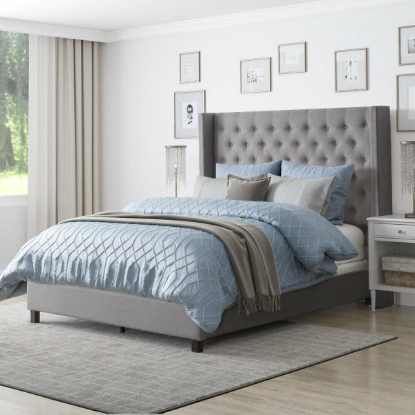 Beds |   Corliving Fairfield Gray Tufted Fabric Bed With Wings, Gray, Queen Bedroom Beds