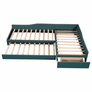 Beds |   Gewnee Upholstered L-Shape Double Twin Daybeds With Trundle And Drawer,Green Bedroom Beds