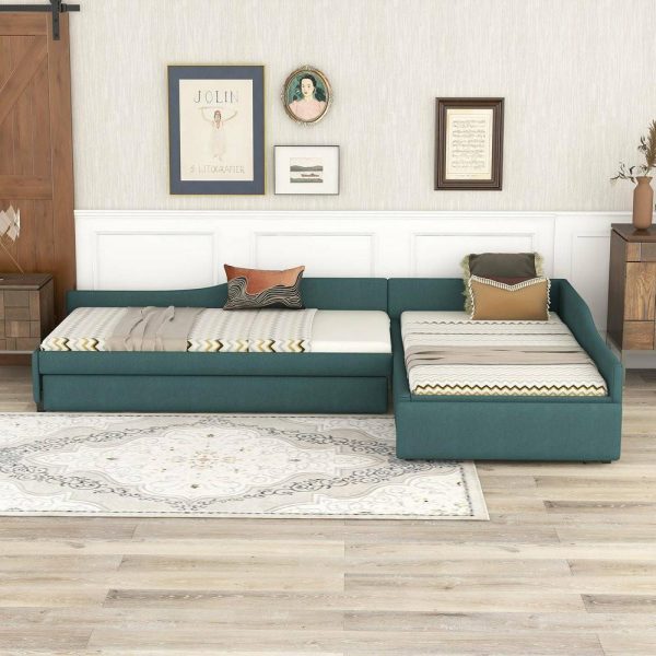 Beds |   Gewnee Upholstered L-Shape Double Twin Daybeds With Trundle And Drawer,Green Bedroom Beds