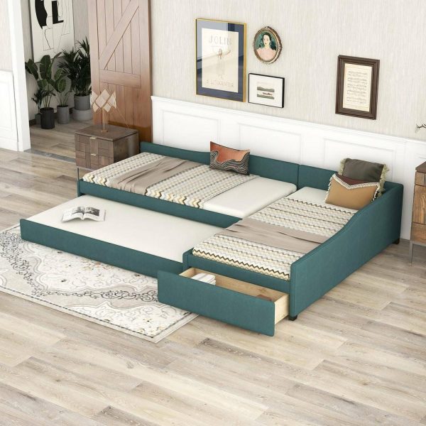 Beds |   Gewnee Upholstered L-Shape Double Twin Daybeds With Trundle And Drawer,Green Bedroom Beds