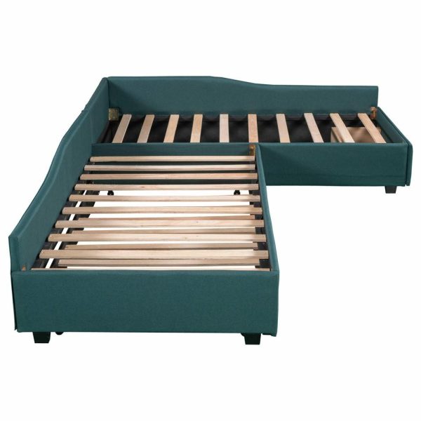 Beds |   Gewnee Upholstered L-Shape Double Twin Daybeds With Trundle And Drawer,Green Bedroom Beds