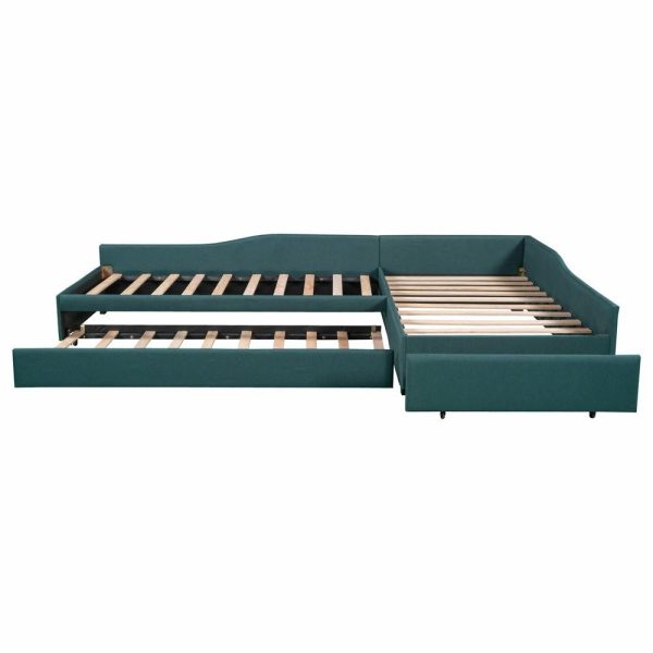 Beds |   Gewnee Upholstered L-Shape Double Twin Daybeds With Trundle And Drawer,Green Bedroom Beds