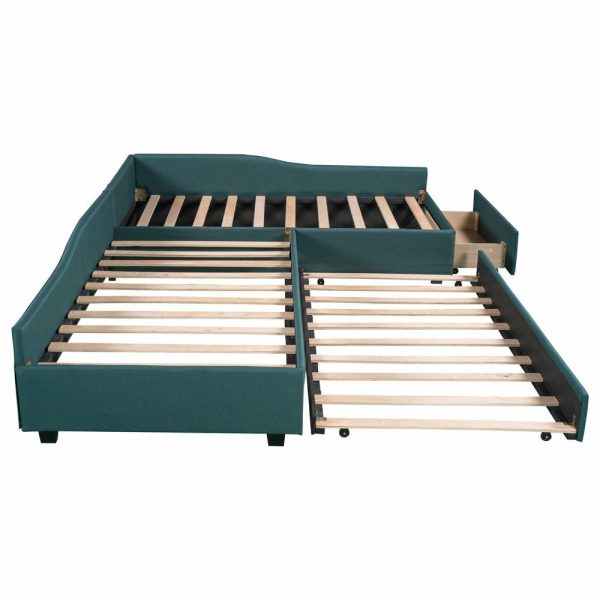 Beds |   Gewnee Upholstered L-Shape Double Twin Daybeds With Trundle And Drawer,Green Bedroom Beds