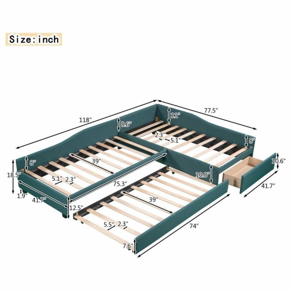 Beds |   Gewnee Upholstered L-Shape Double Twin Daybeds With Trundle And Drawer,Green Bedroom Beds