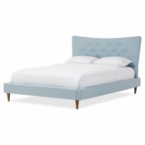 Beds |   Hannah Mid-Century Modern Linen Platform Bed, Light Blue, King Bedroom Beds