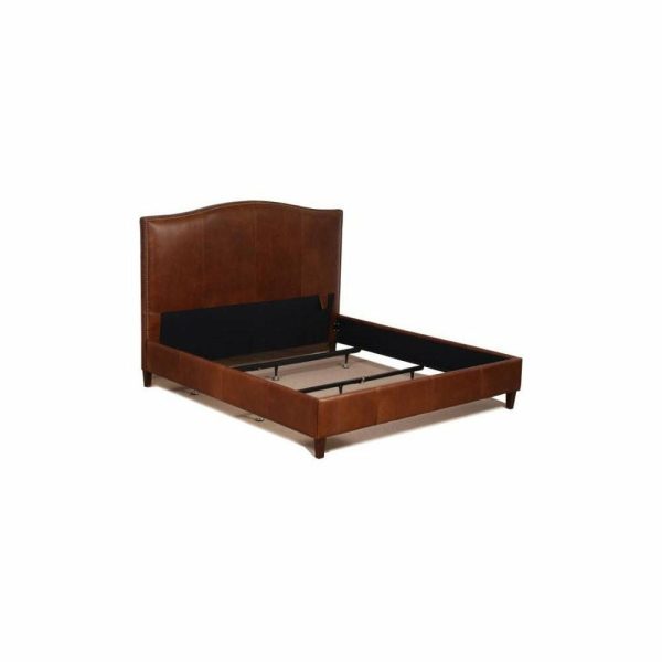 Beds |   Tobacco Brown Genuine Leather Bed With Brass Nail Heads, Queen Bedroom Beds