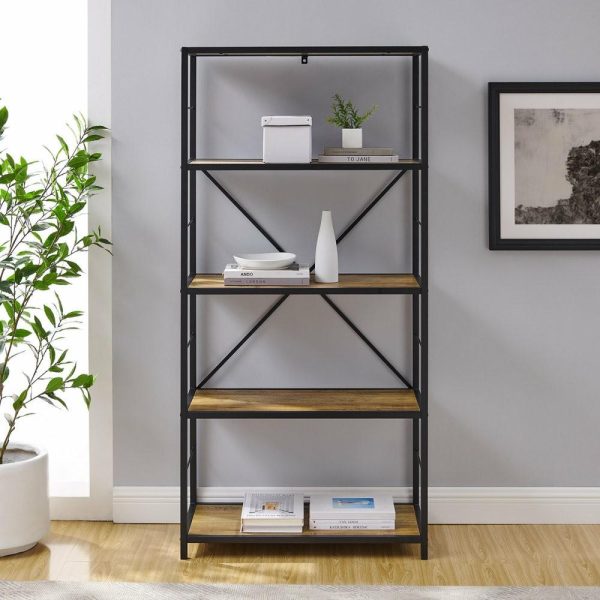 Bookcases |   60″ Rustic Metal And Wood Media Bookshelf, Rustic Oak Bookcases Bookcases