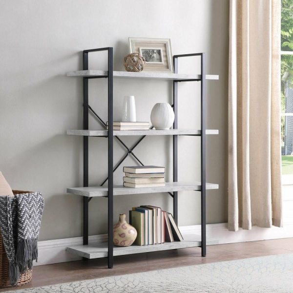 Bookcases |   Industrial Bookcase Open Etagere Book Shelf Metal/Wood, Stone Gray, 4 Shelves Bookcases Bookcases