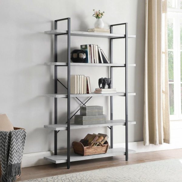 Bookcases |   Industrial Bookcase Open Etagere Book Shelf Metal/Wood, Stone Gray, 5 Shelves Bookcases Bookcases