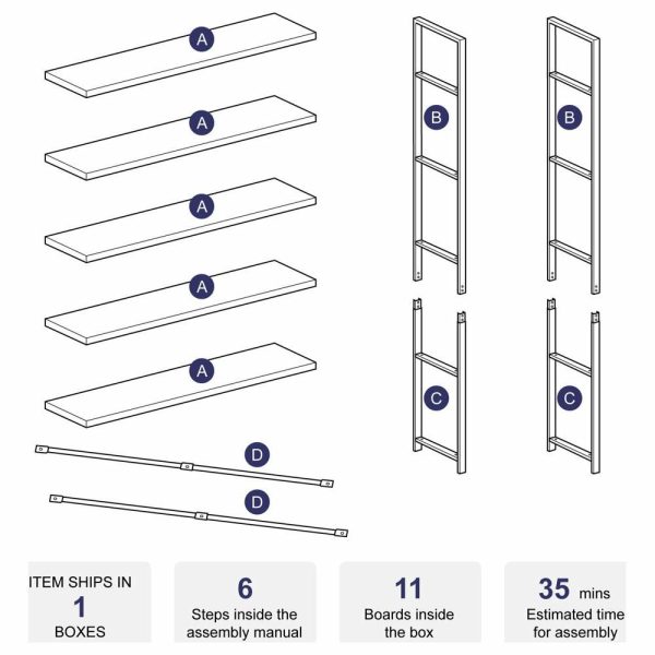 Bookcases |   Industrial Bookcase Open Etagere Book Shelf Metal/Wood, Stone Gray, 5 Shelves Bookcases Bookcases