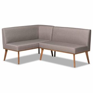 Dining Benches |   Odessa Mid-Century Grey Upholstered Brown Finished 2-Piece Wood Dining Nook Set Furniture Dining Benches