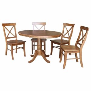 Dining Sets |   36″ Round Extension Dining Table With X-Back Chairs, Distressed Oak, 5 Piece Dining Sets Dining Sets