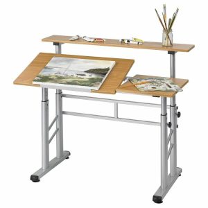 Drafting Tables |   Modern Drafting Table, Adjustable Top And Raised Shelf, Medium Oak Finish Drafting Tables Drafting Tables