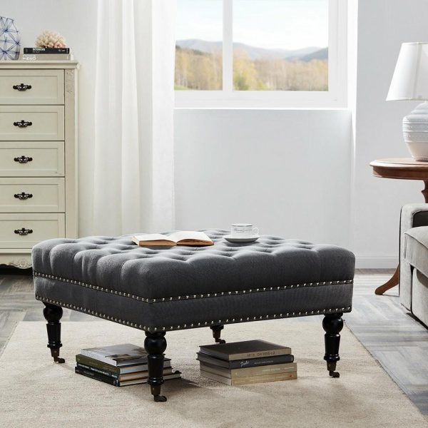 Footstools & Ottomans |   Button Tufted Square Ottoman Bench With Rolling Wheels Nailhead Trim, Gray Footstools & Ottomans Footstools & Ottomans