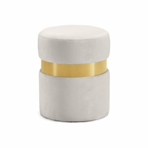 Footstools & Ottomans |   Hailey Velvet Upholstered Ottoman/Stool, Cream, Gold Band Footstools & Ottomans Footstools & Ottomans