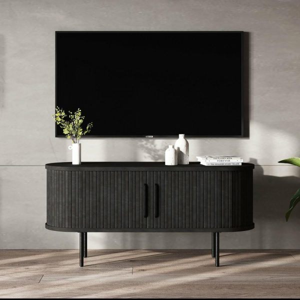 Media Storage |   Mid-Century Modern Rounded Sliding Door Tv Lowboard, Black Oak, 47″ Furniture Media Storage