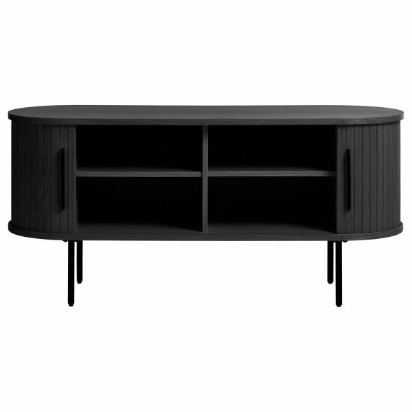 Media Storage |   Mid-Century Modern Rounded Sliding Door Tv Lowboard, Black Oak, 47″ Furniture Media Storage