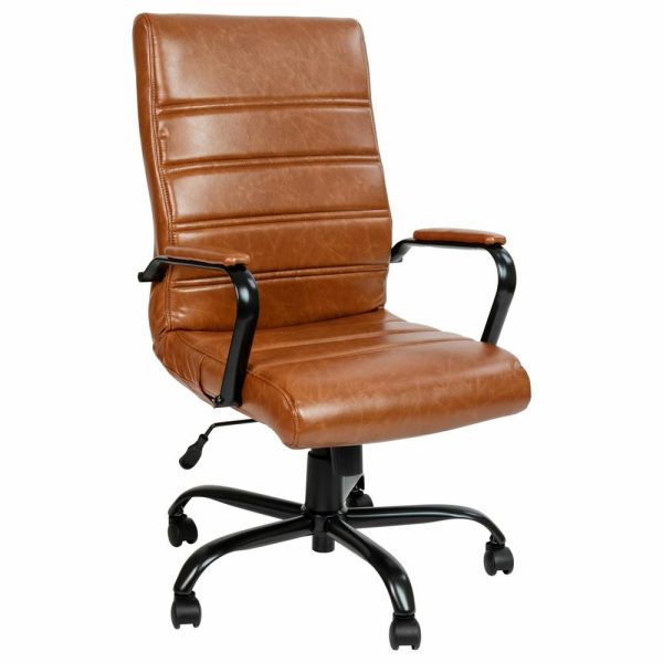 Office Chairs |   High Back Executive Swivel Office Chair With Metal Frame And Arms, Brown Leather Furniture Office Chairs