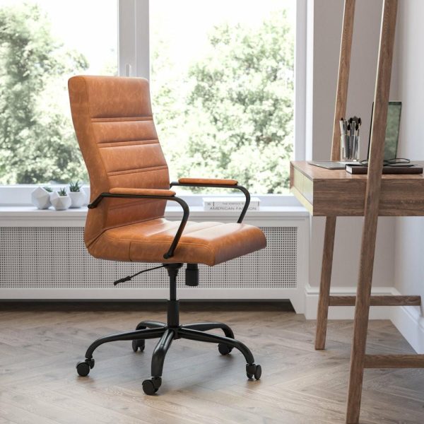 Office Chairs |   High Back Executive Swivel Office Chair With Metal Frame And Arms, Brown Leather Furniture Office Chairs