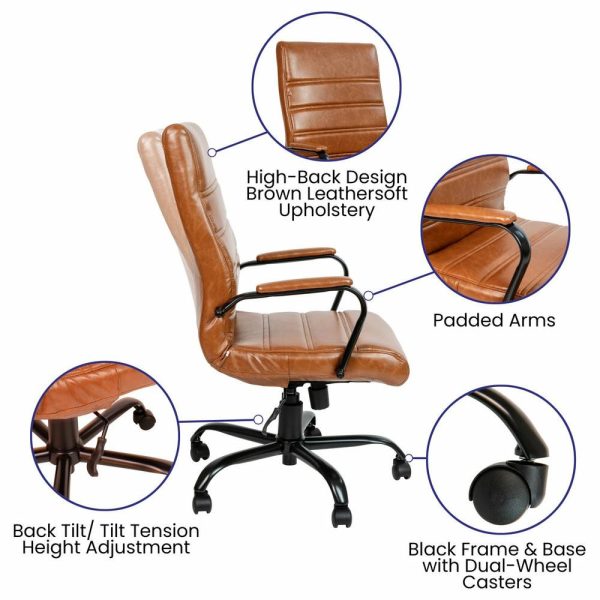 Office Chairs |   High Back Executive Swivel Office Chair With Metal Frame And Arms, Brown Leather Furniture Office Chairs