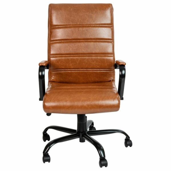 Office Chairs |   High Back Executive Swivel Office Chair With Metal Frame And Arms, Brown Leather Furniture Office Chairs