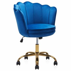 Office Chairs |   Kaylee Office Chair Upholstered Velvet Seashell Swivel Desk Chair, Blue-Gold Furniture Office Chairs