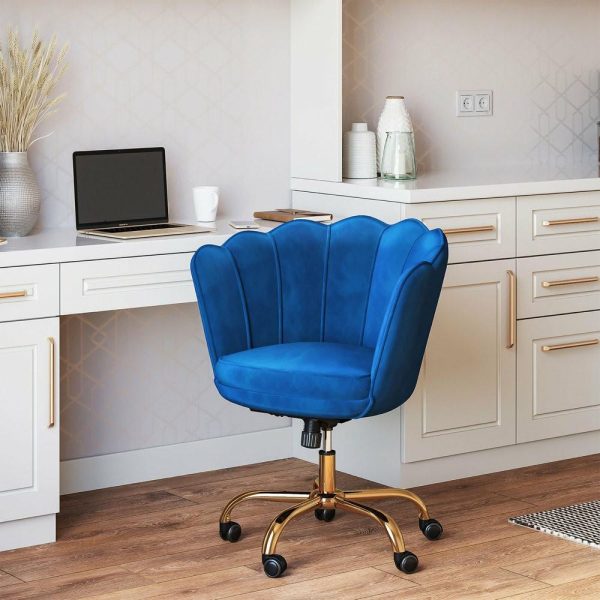 Office Chairs |   Kaylee Office Chair Upholstered Velvet Seashell Swivel Desk Chair, Blue-Gold Furniture Office Chairs