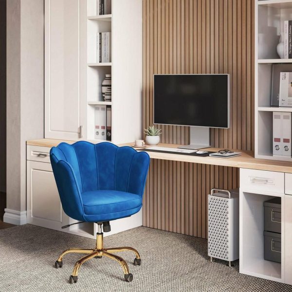 Office Chairs |   Kaylee Office Chair Upholstered Velvet Seashell Swivel Desk Chair, Blue-Gold Furniture Office Chairs