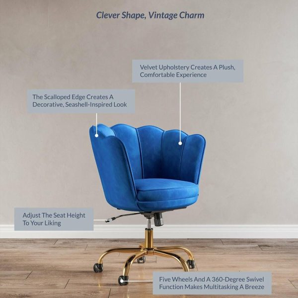 Office Chairs |   Kaylee Office Chair Upholstered Velvet Seashell Swivel Desk Chair, Blue-Gold Furniture Office Chairs