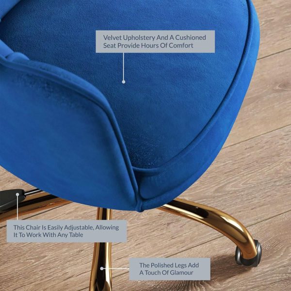 Office Chairs |   Kaylee Office Chair Upholstered Velvet Seashell Swivel Desk Chair, Blue-Gold Furniture Office Chairs