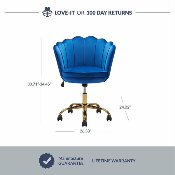 Office Chairs |   Kaylee Office Chair Upholstered Velvet Seashell Swivel Desk Chair, Blue-Gold Furniture Office Chairs